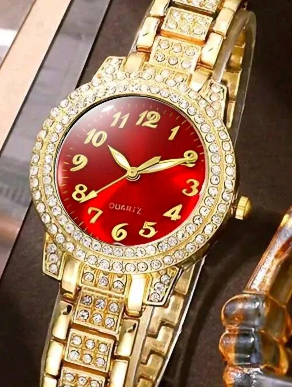 Ladies  Elegant Crystal Bling Gold Vermeil  Fashion Quartz Watch Bracelet Set